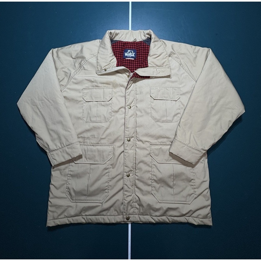 Vintage Woolrich Jacket Mens XL Beige Mountain Parka Wool Plaid Lined USA Made
